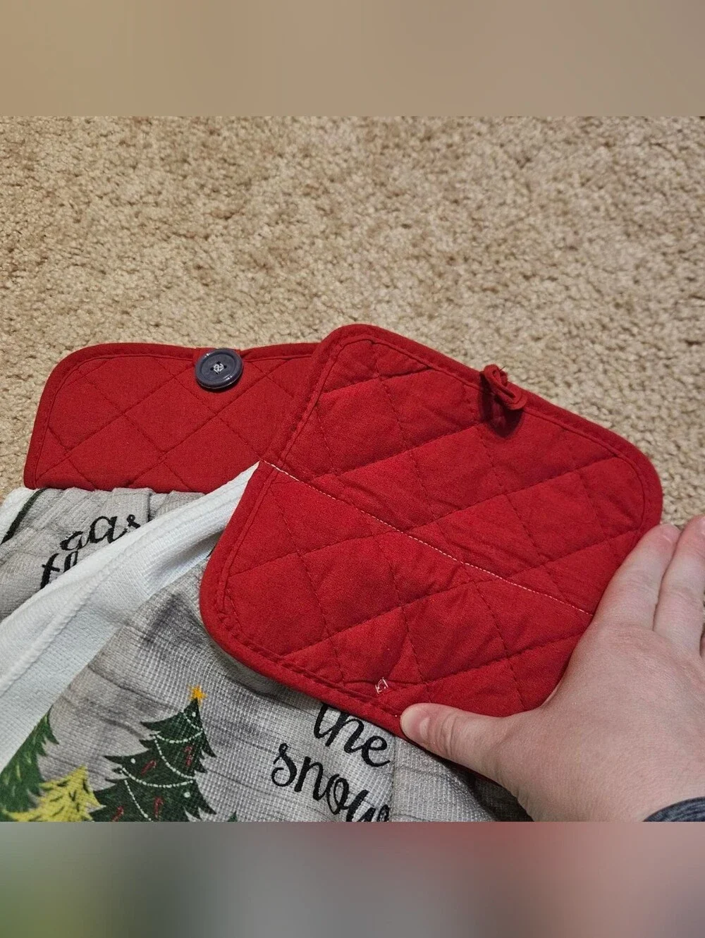 2 Handcrafted Towels Attached To Potholders | Red | Christmas